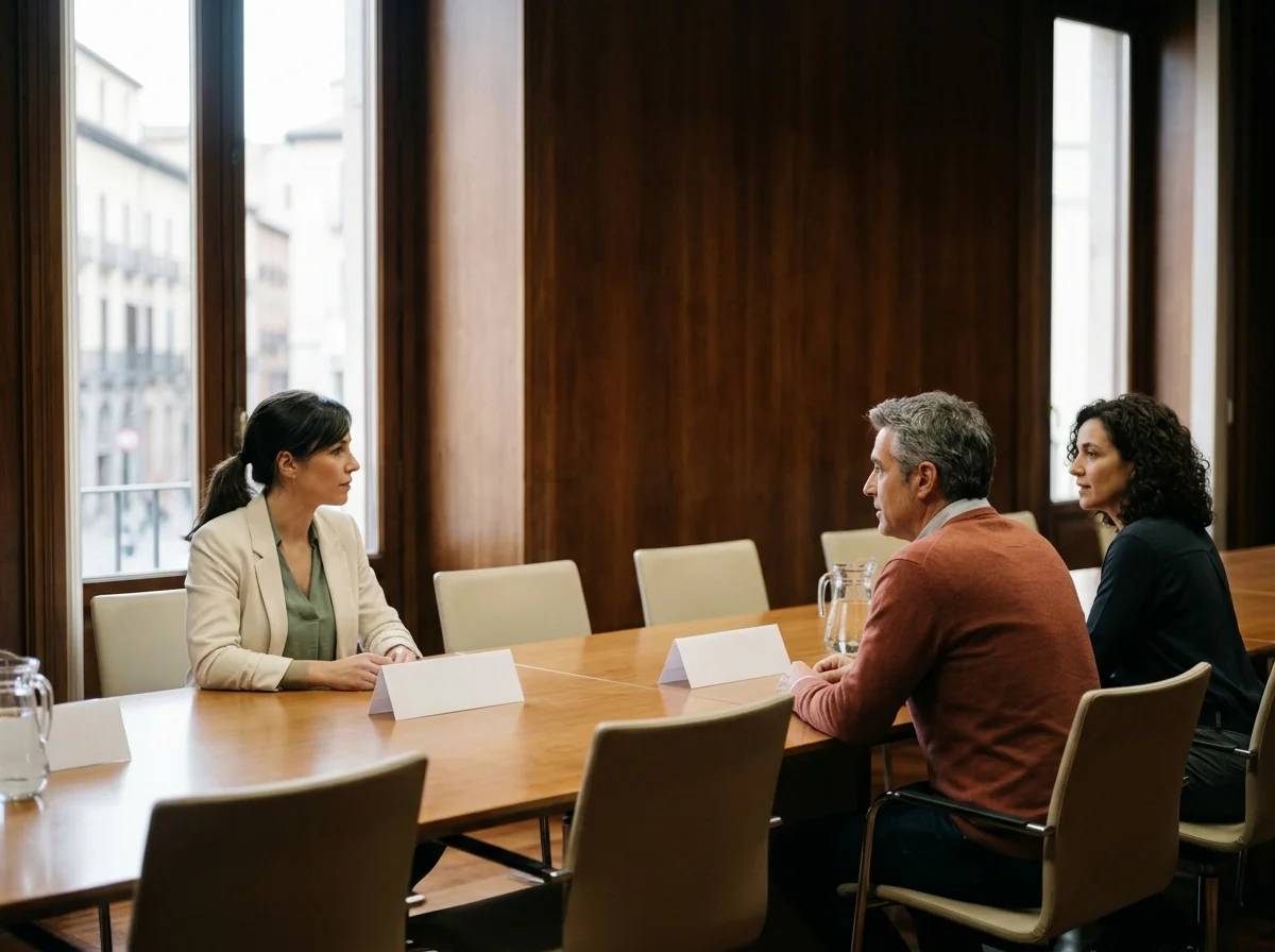 Tres personas sentadas alrededor de una mesa de reuniones de madera en una sala institucional con paneles laterales.