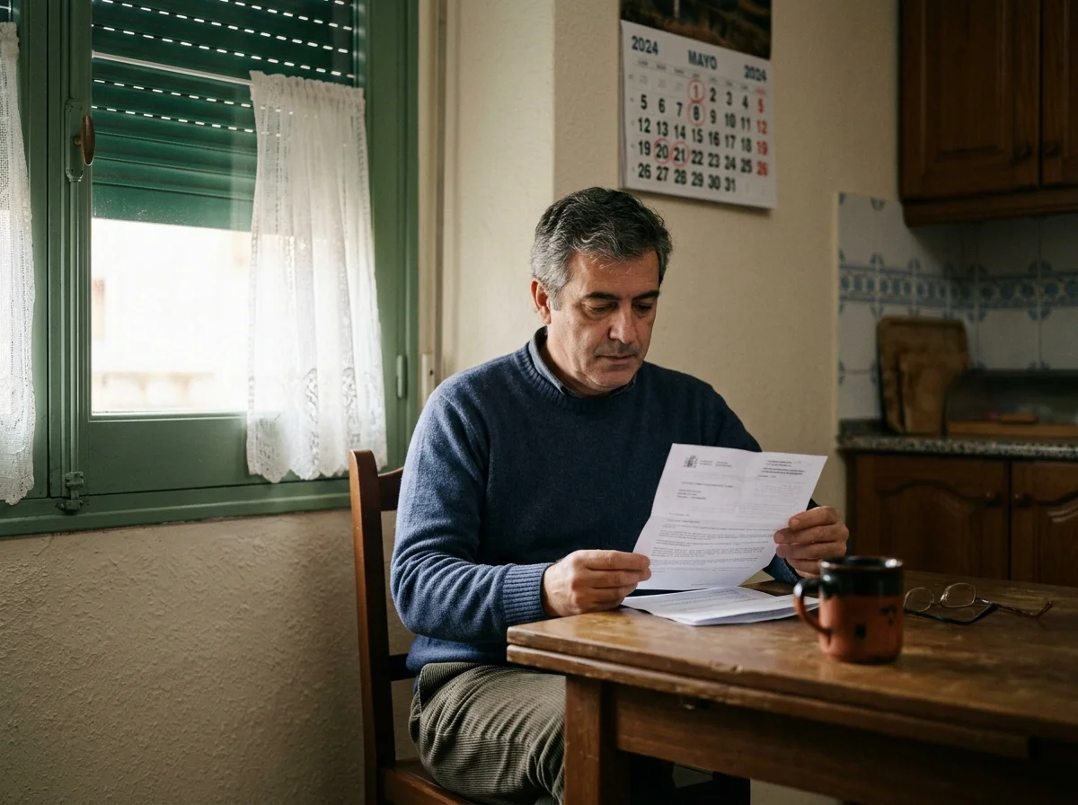 Hombre leyendo en casa una carta administrativa junto a un calendario de pared con varios días marcados.
