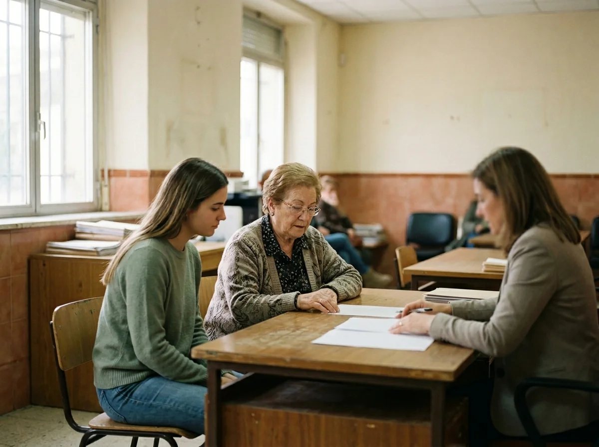 Mujer mayor sentada junto a un familiar joven ante el mostrador de un registro público revisando un documento.