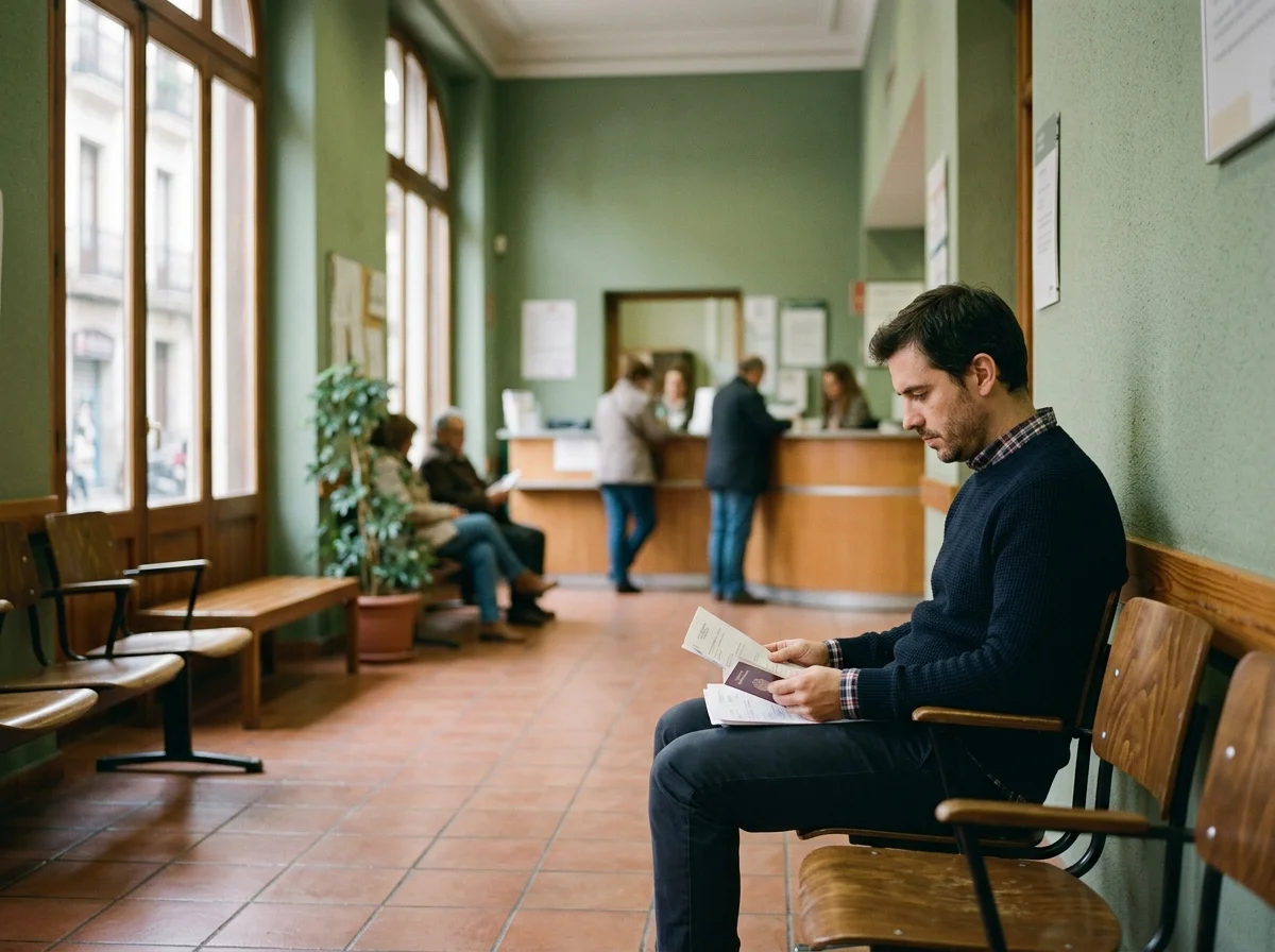 Hombre adulto consultando documentos en una sala de espera de un edificio administrativo público, con personal al fondo desenfocado.