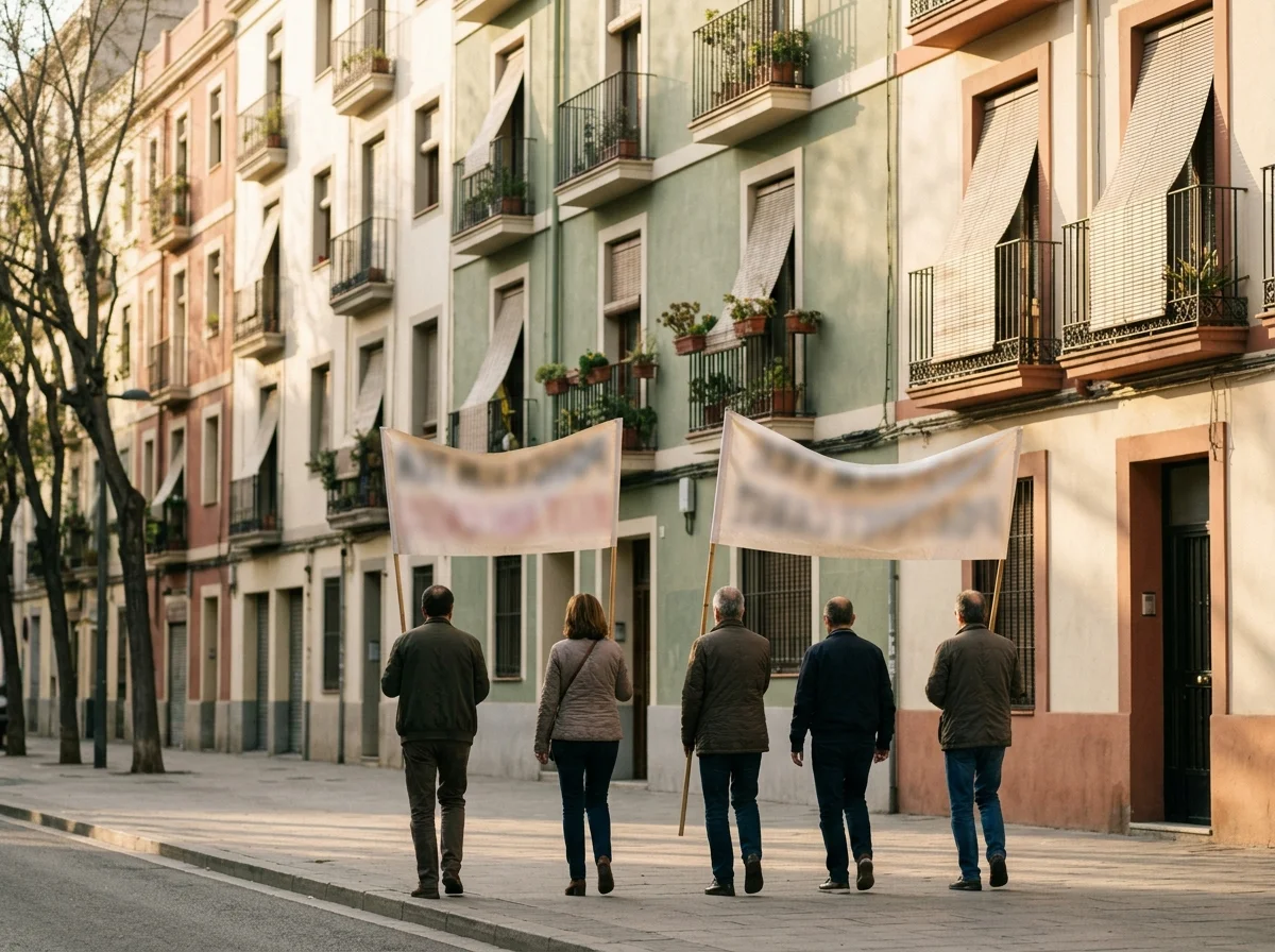 Manifestación pacífica de barrio con adultos portando pancartas en una avenida urbana al atardecer.